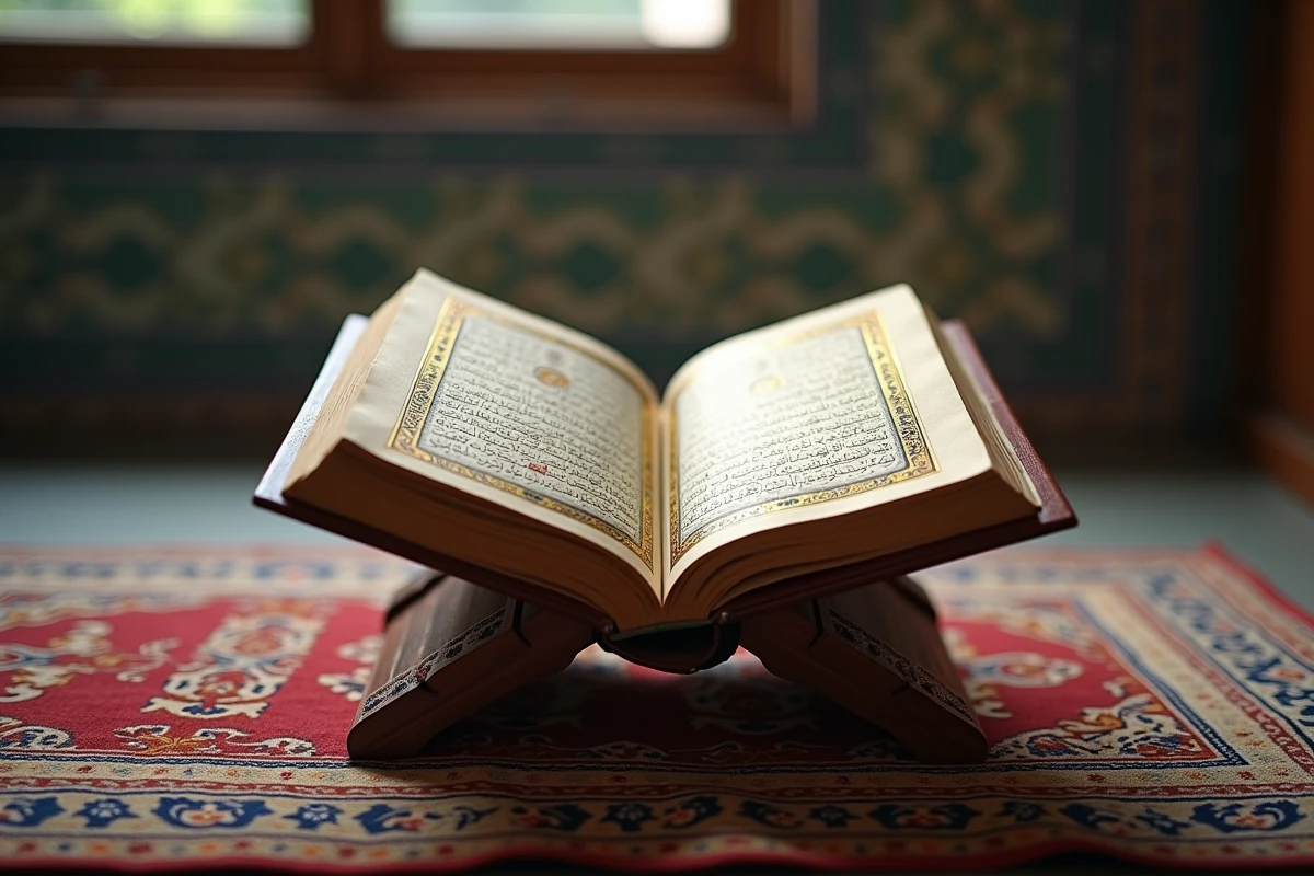 Un Coran orné de dorures posé ouvert sur un rehal en bois avec calligraphie arabe et enluminures