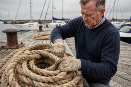 Marin expérimenté manipulant des cordages en chanvre sur un quai de port de pêche authentique