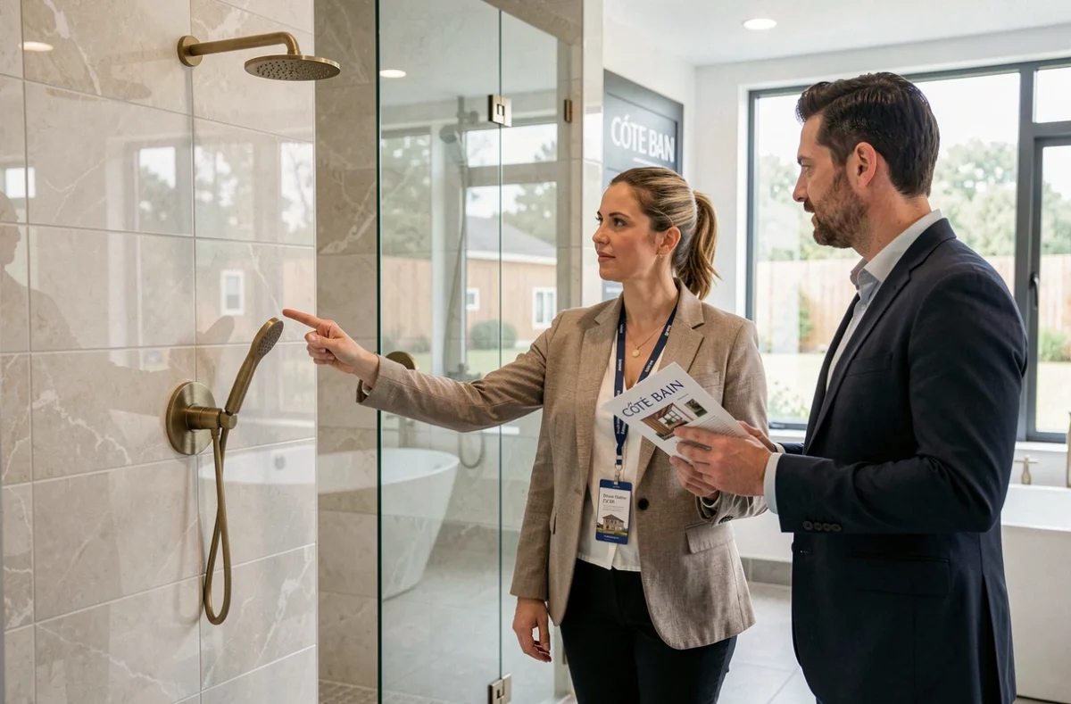Conseillère Côté Bain présentant une douche à l'italienne à un client dans un showroom salle de bain normand