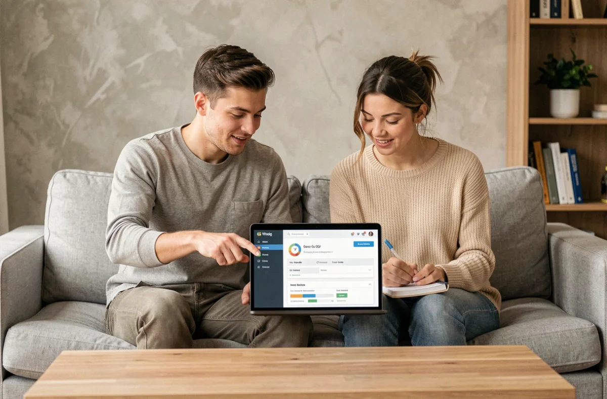 Couple analysant ensemble les rubriques du tableau de bord du compte client EDF ENR sur un canapé dans un salon contemporain