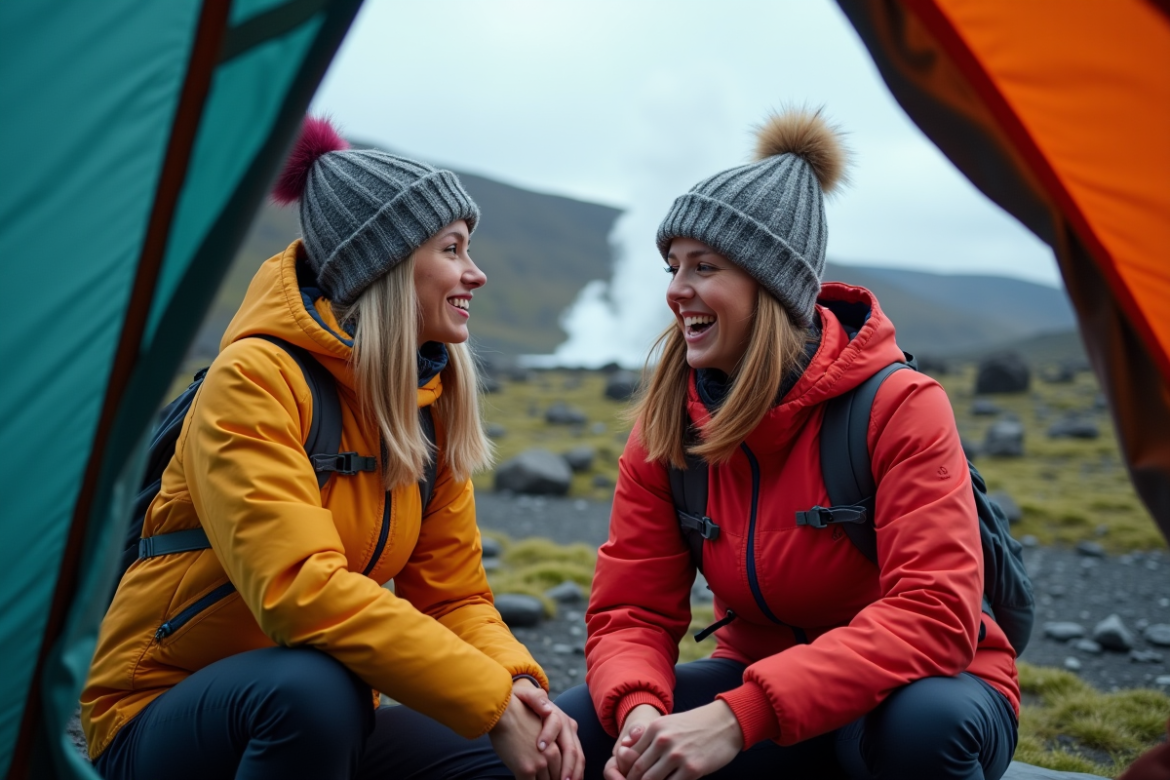 Couple souriant déballant leur tente en Islande