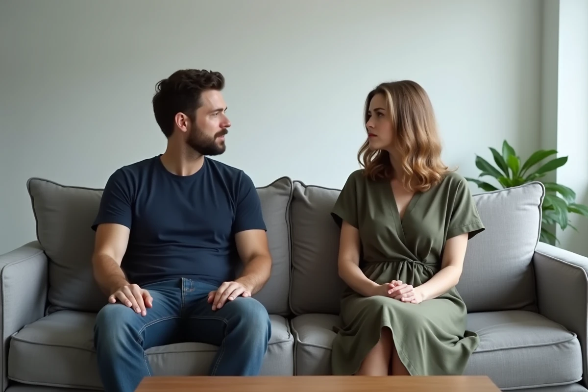 Couple en silence sur un canapé, illustrant la distance émotionnelle et le manque de confiance après une infidélité