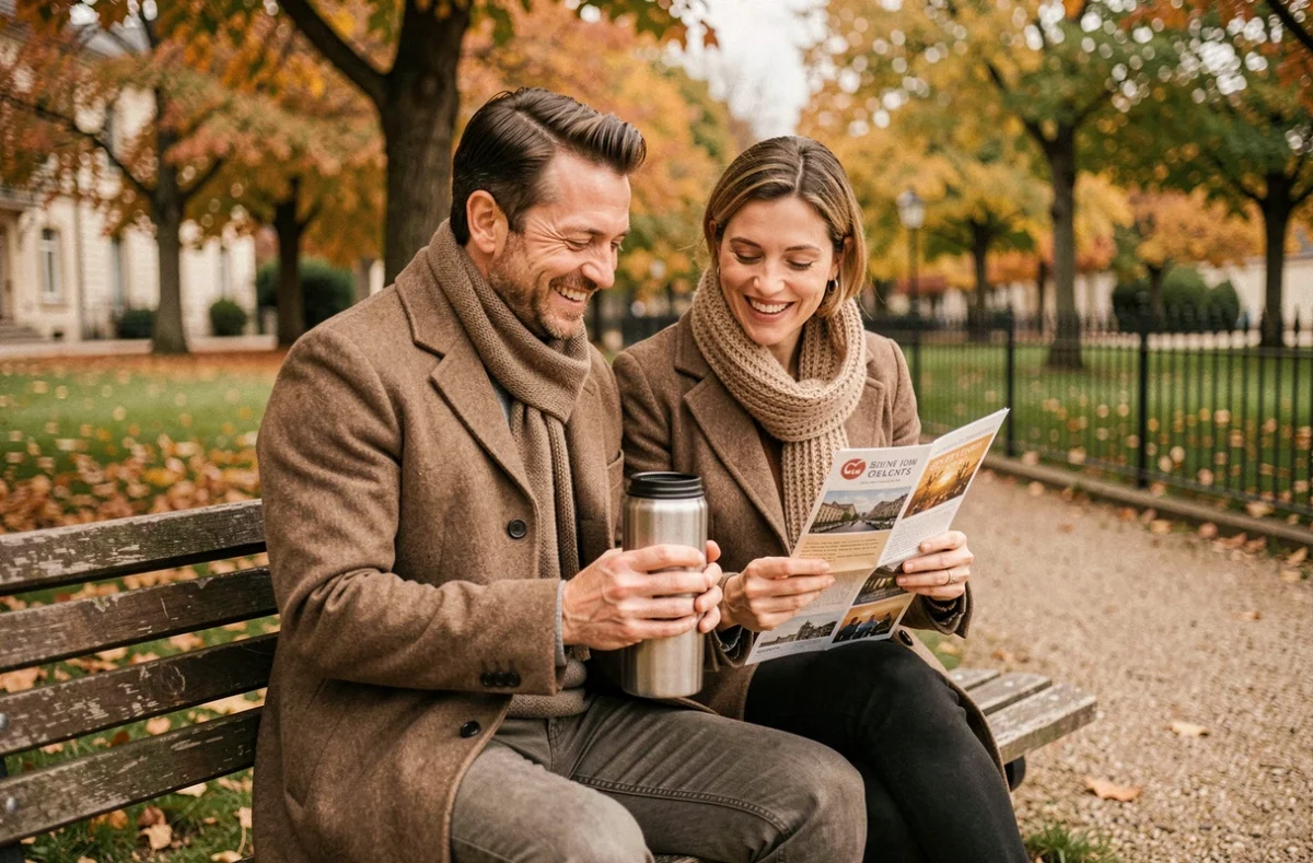 Couple lisant un guide de sorties gratuites dans un parc public de Cholet en automne