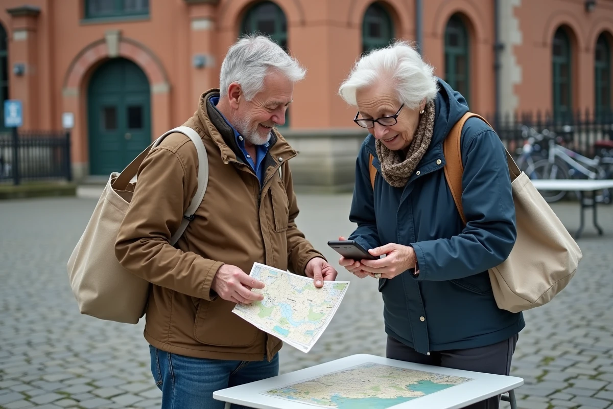 Couple planifiant une tournée de braderies sur une carte et un smartphone dans une place de ville du Nord