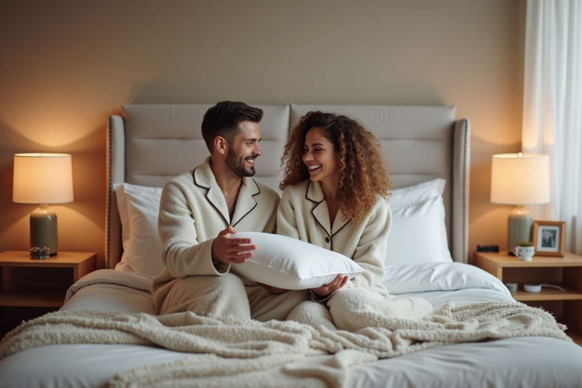 Couple souriant en pyjamas jouant avec des oreillers dans un lit chaleureux