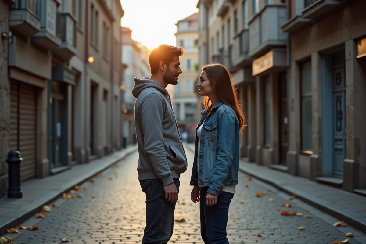 Couple face à face dans une rue urbaine déserte au lever du soleil, évoquant une rupture ou une réconciliation amoureuse liée à la signification de 05h55