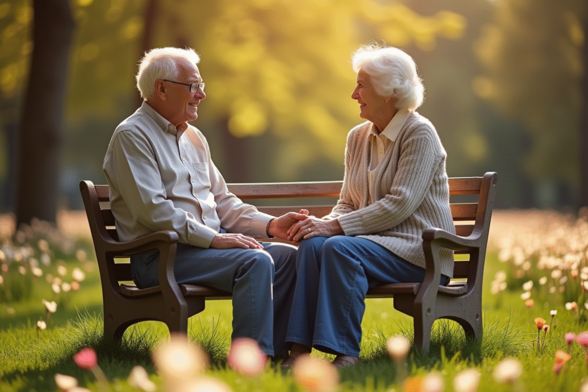 Couple senior assis sur un banc dans un jardin printanier
