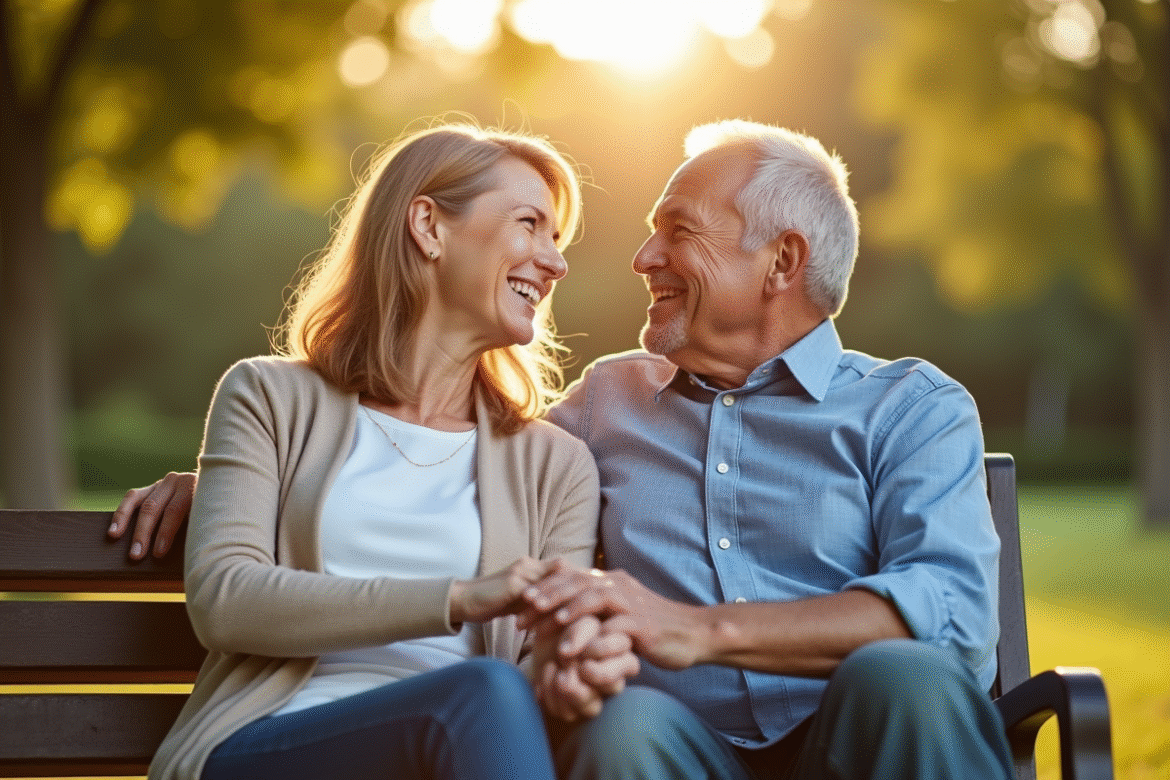 Couple souriant assis sur un banc dans un parc ensoleille avec lumière naturelle