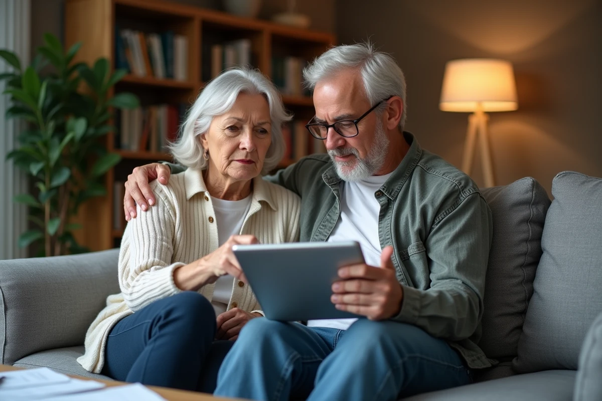Couple examinant ensemble leurs abonnements en ligne sur une tablette dans leur salon
