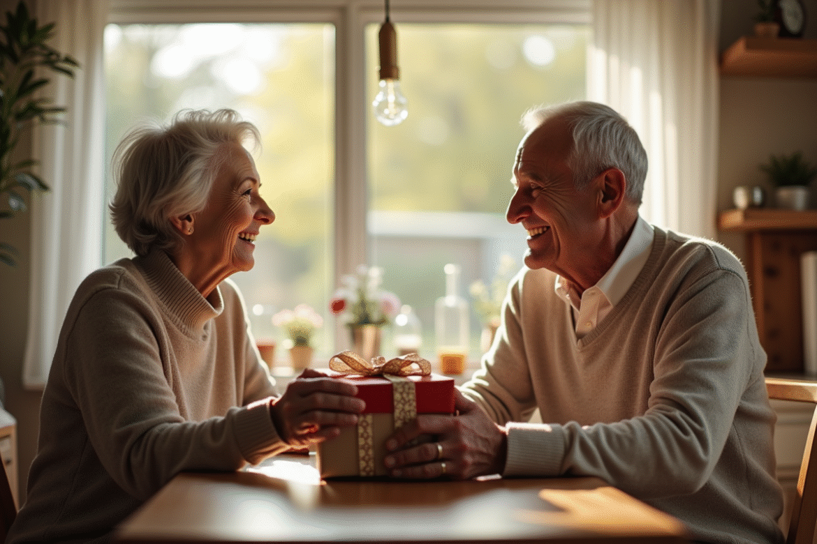 Couple âgé échangeant des cadeaux dans la cuisine lumineuse