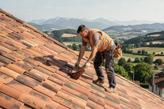 Couvreur professionnel posant des tuiles en terre cuite sur un toit en pente en Auvergne-Rhône-Alpes