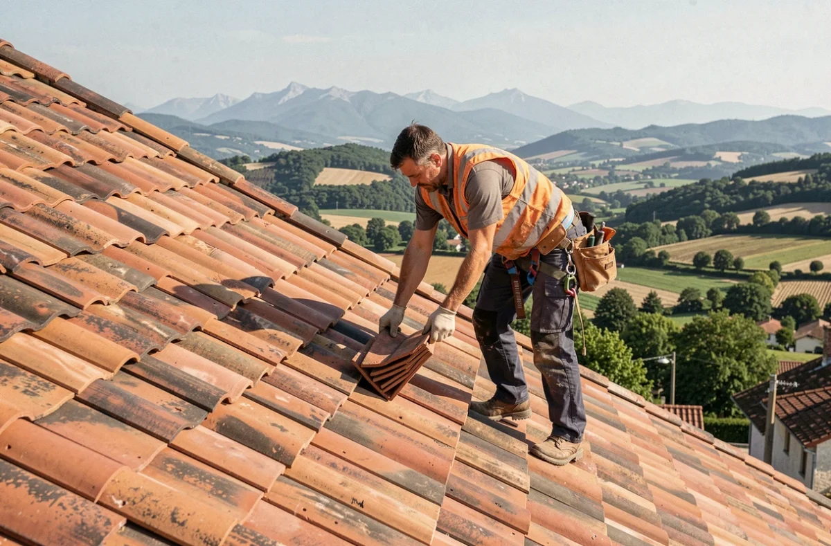 Couvreur professionnel posant des tuiles en terre cuite sur un toit en pente en Auvergne-Rhône-Alpes