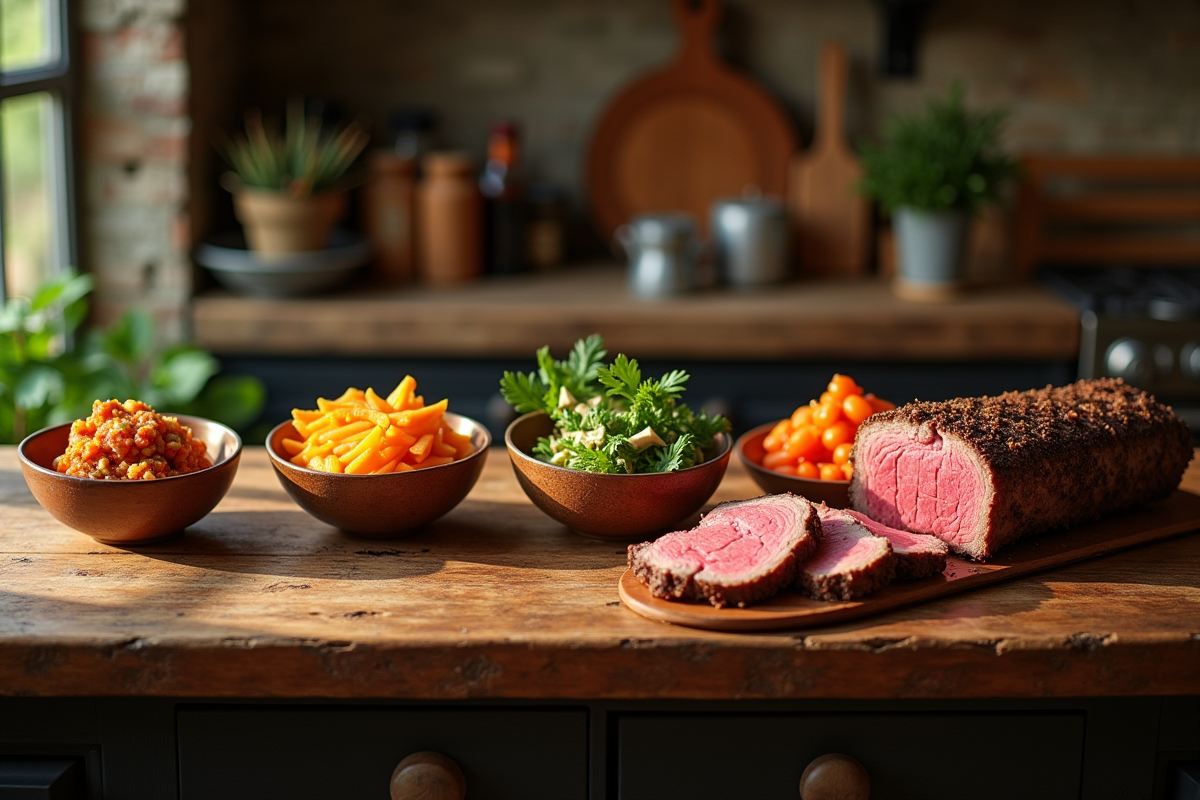 Petits bols colorés avec filets mignons tranchés en cuisine