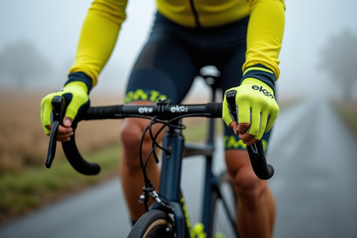 Cycliste portant gants Ekoï en matinée brumeuse à la campagne