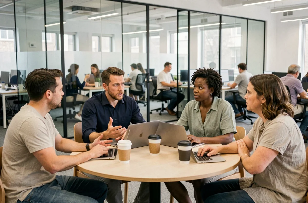 Groupe de personnes en discussion autour d'une table dans un espace de coworking, débattant des enjeux de la cancel culture