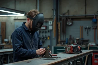 Débutant en soudure examinant une pièce métallique dans un atelier industriel avant de commencer à souder