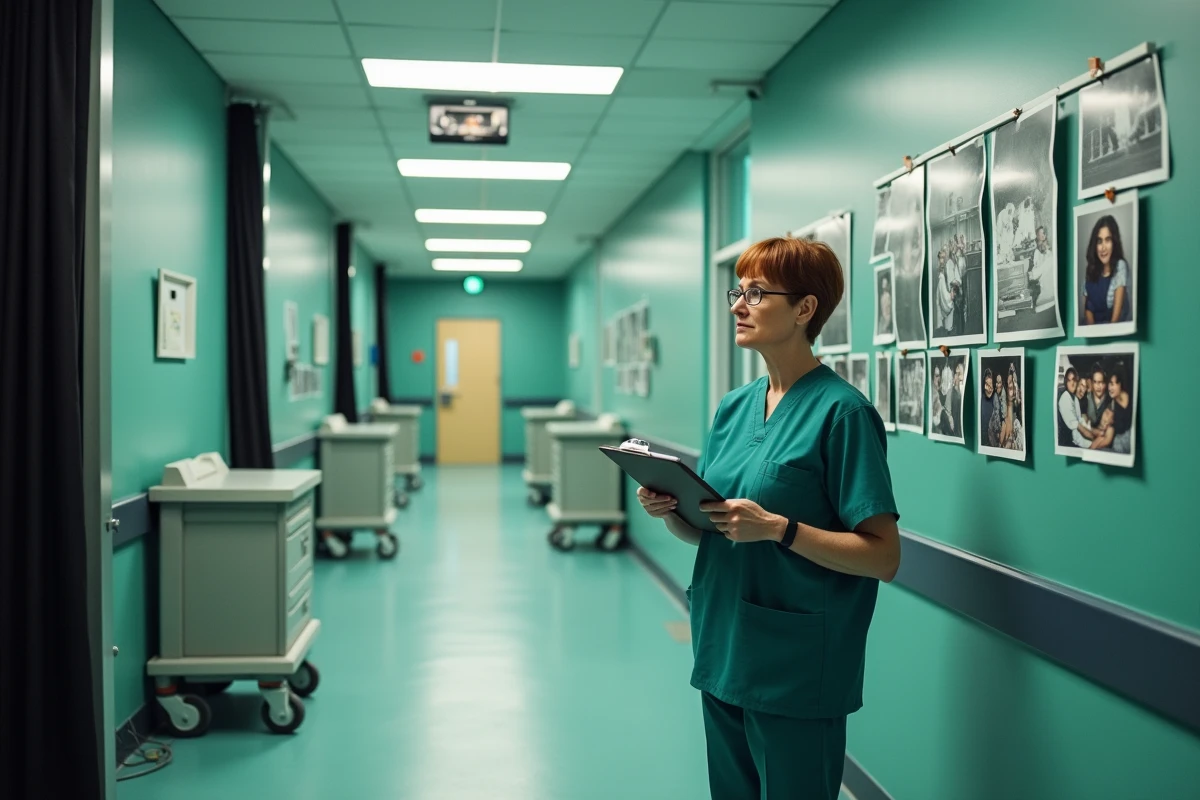 Décor de couloir d'hôpital reconstruit en studio pour le tournage d'une série télévisée française