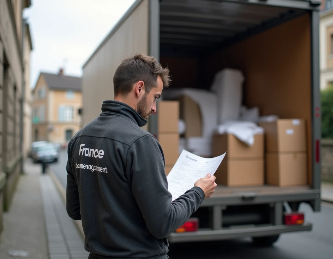 Coordinateur Demenagement France consultant un bordereau devant un camion chargé dans une rue de ville moyenne