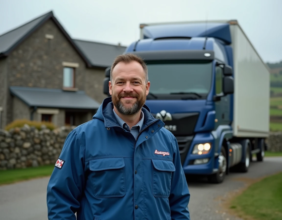 Déménageur Déménagements Auvergne posant devant un camion garé près d'une ferme en pierre volcanique