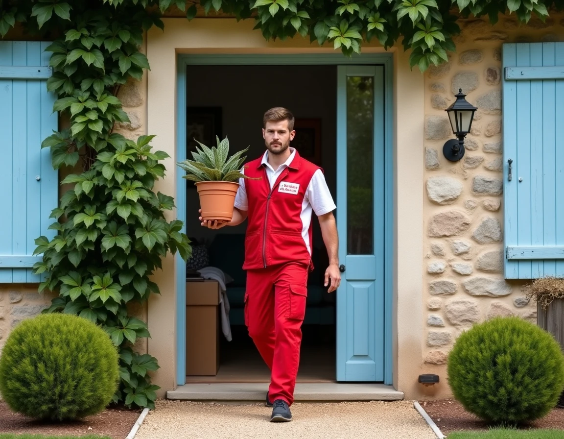 Déménageur des Déménageurs Bretons portant une plante dans la maison lors d'un déménagement en Haute-Loire
