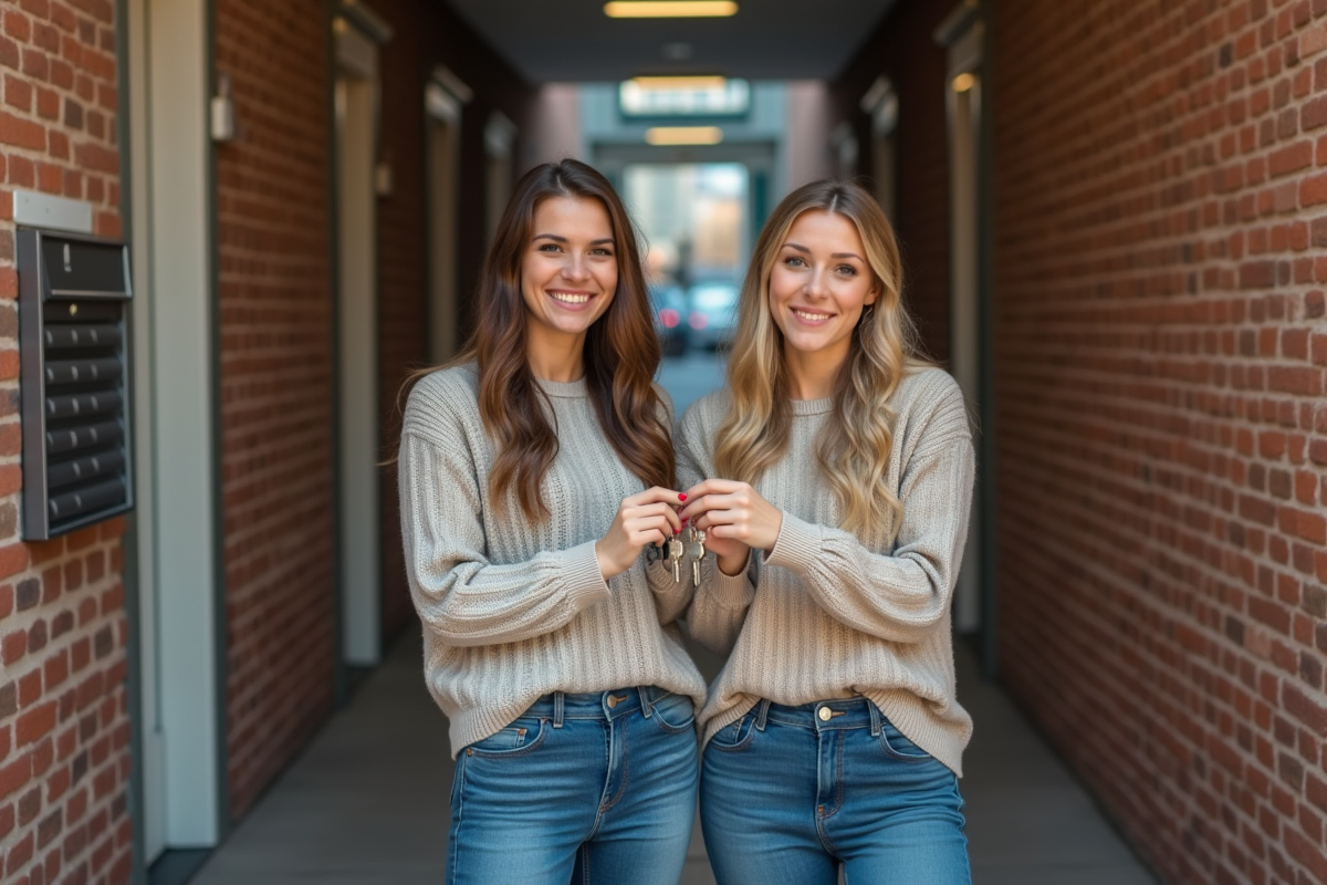 Deux femmes souriantes tenant des clés d appartement dans un couloir