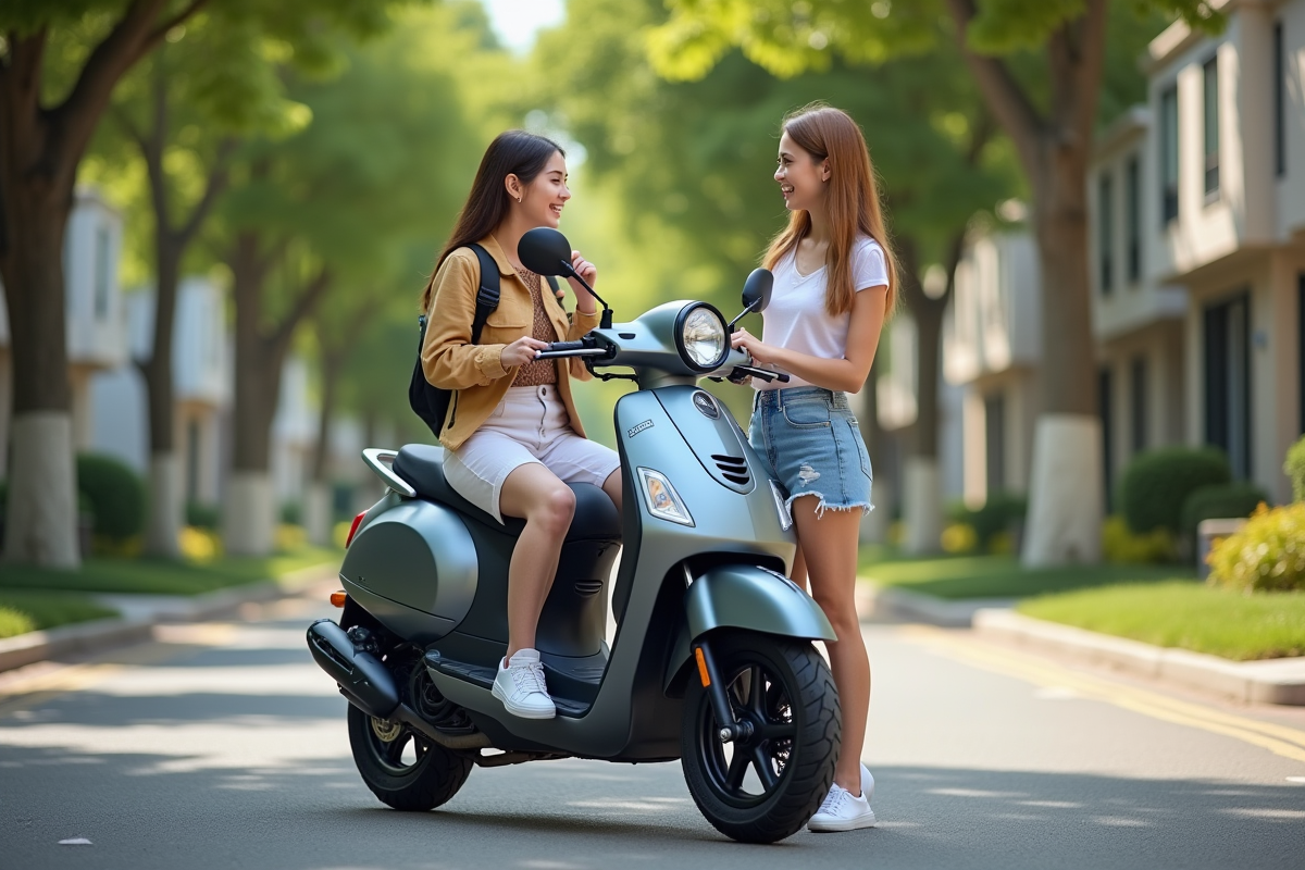 Deux jeunes femmes avec scooter en rue résidentielle