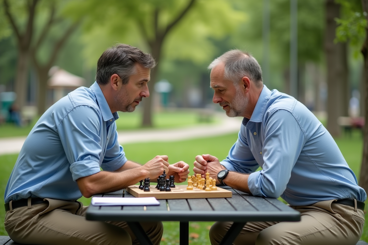 Deux hommes jouent aux échecs dans un parc en plein air
