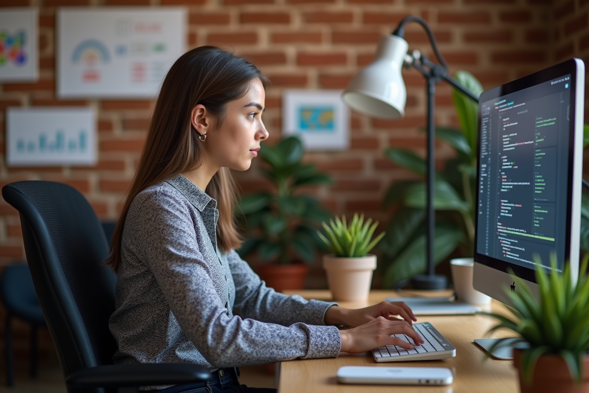 Jeune developpeuse concentrée sur son code informatique