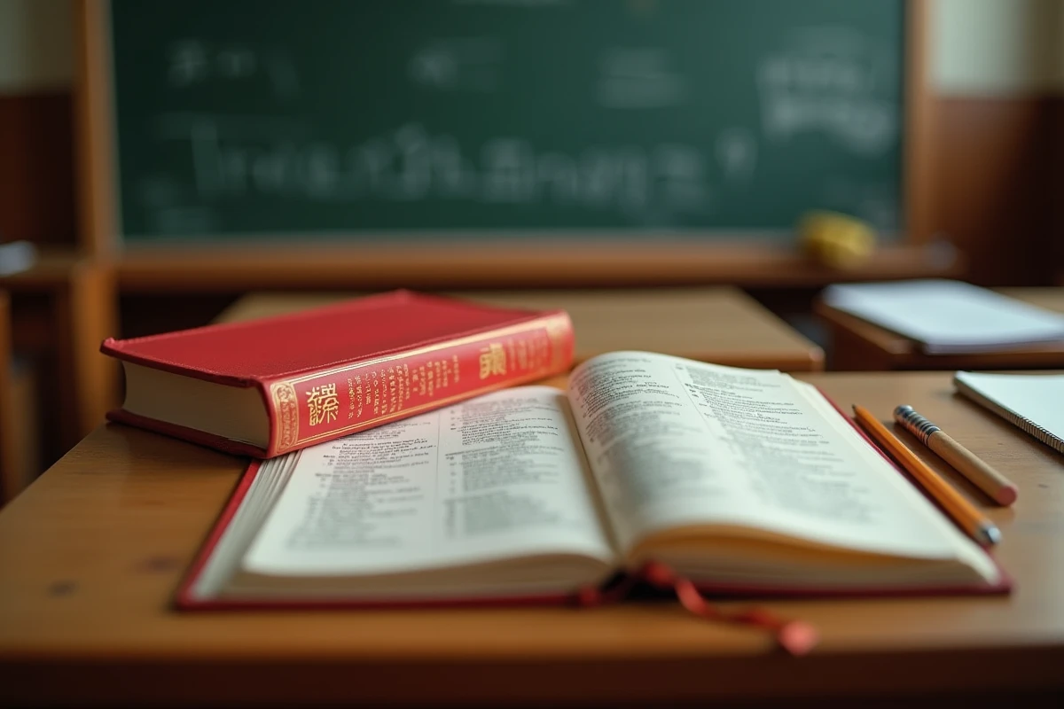Le Dictionnaire Xinhua en chinois ouvert sur un bureau scolaire avec un crayon et un cahier d'exercices