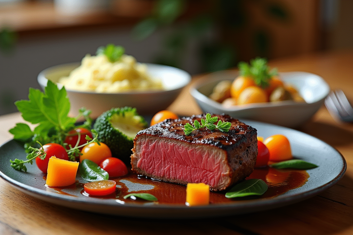 Table élégante avec filet mignon et légumes frais pour un dîner