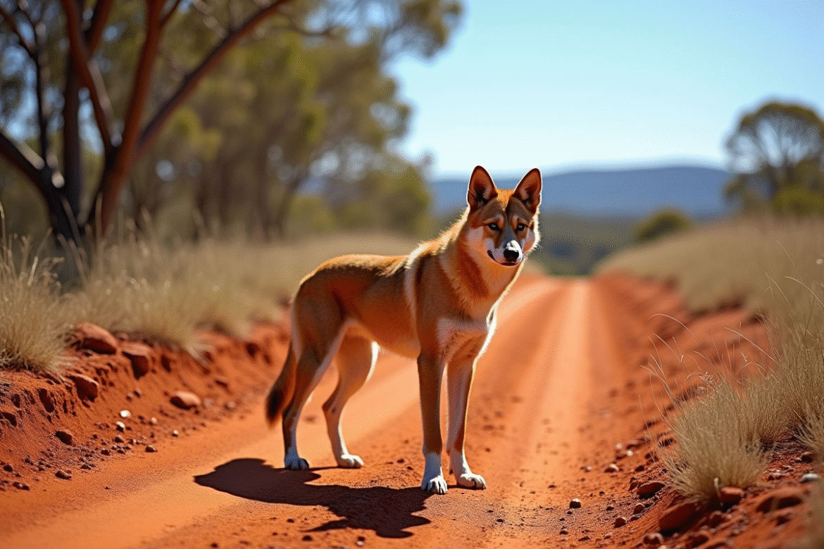 Dingo debout sur un chemin rouge dans l'outback australien