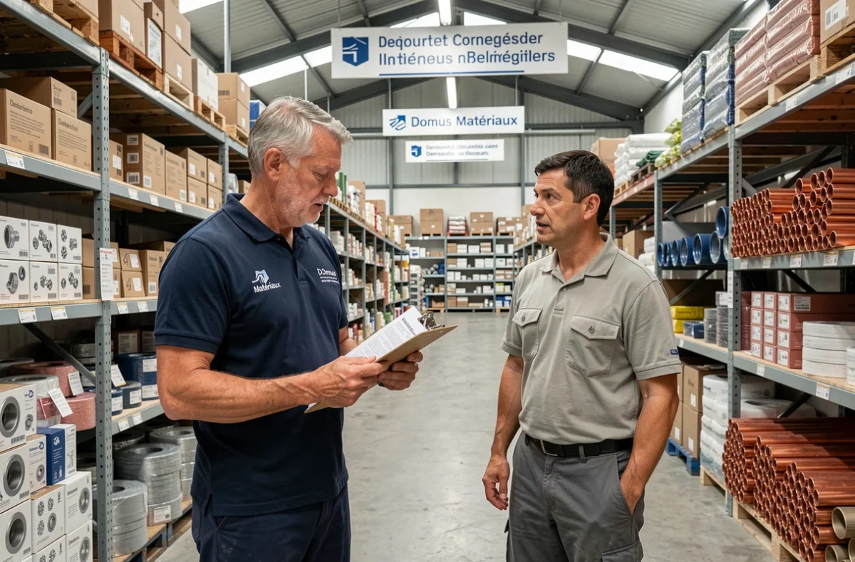 Conseiller Domus Matériaux guidant un plombier dans une agence coopérative normande parmi les rayons de fournitures