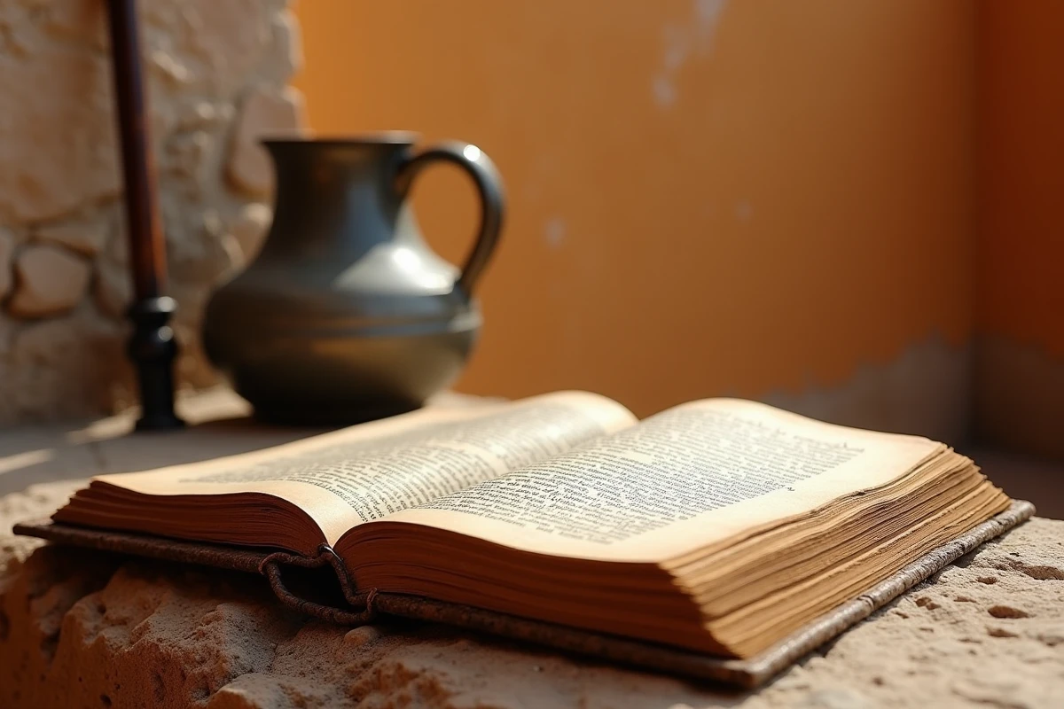 Un exemplaire usé de Don Quichotte de Miguel de Cervantes ouvert sur un rebord en pierre avec une cruche et une lance rouillée