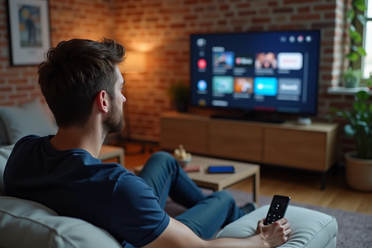 Homme configurant l'application Skyrock sur une box TV dans un appartement urbain