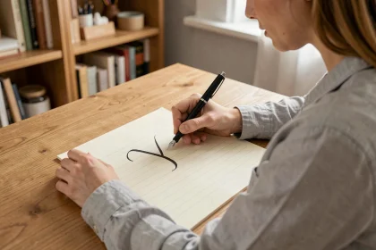Femme écrivant la lettre Y majuscule en calligraphie avec un stylo plume sur papier réglé crème