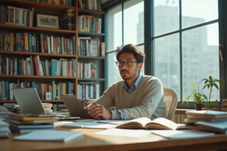 Éditeur manga homme en bureau avec volumes et notes