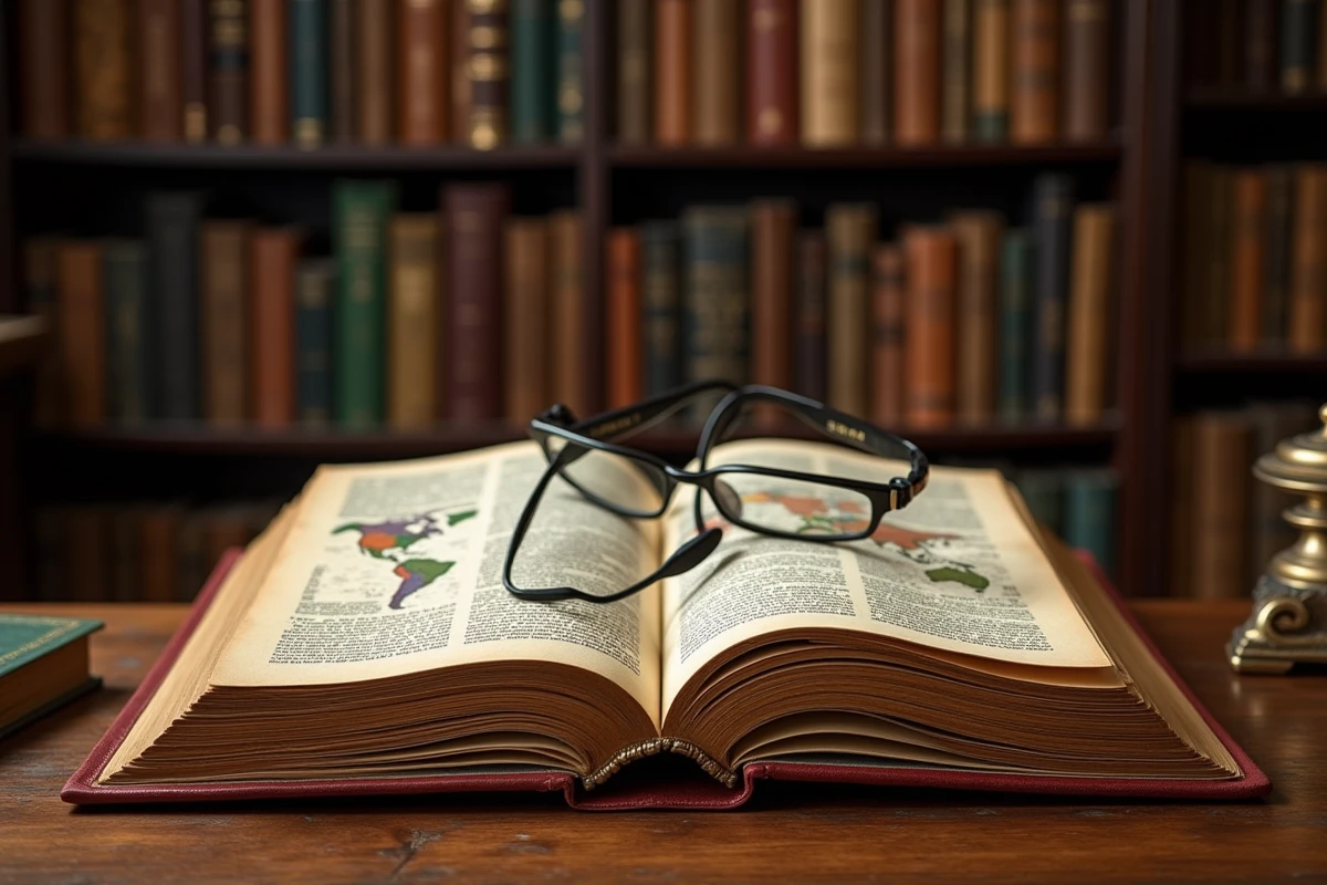 Une encyclopédie Larousse grand format ouverte sur un pupitre en bois avec des lunettes de lecture dans une bibliothèque française