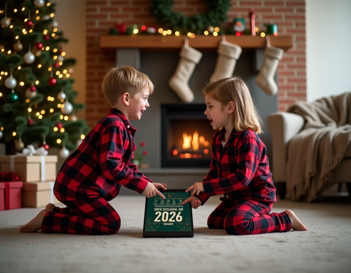 Deux enfants en pyjama devant un sapin de Noël regardant un compte à rebours Noël 2026 sur une tablette murale