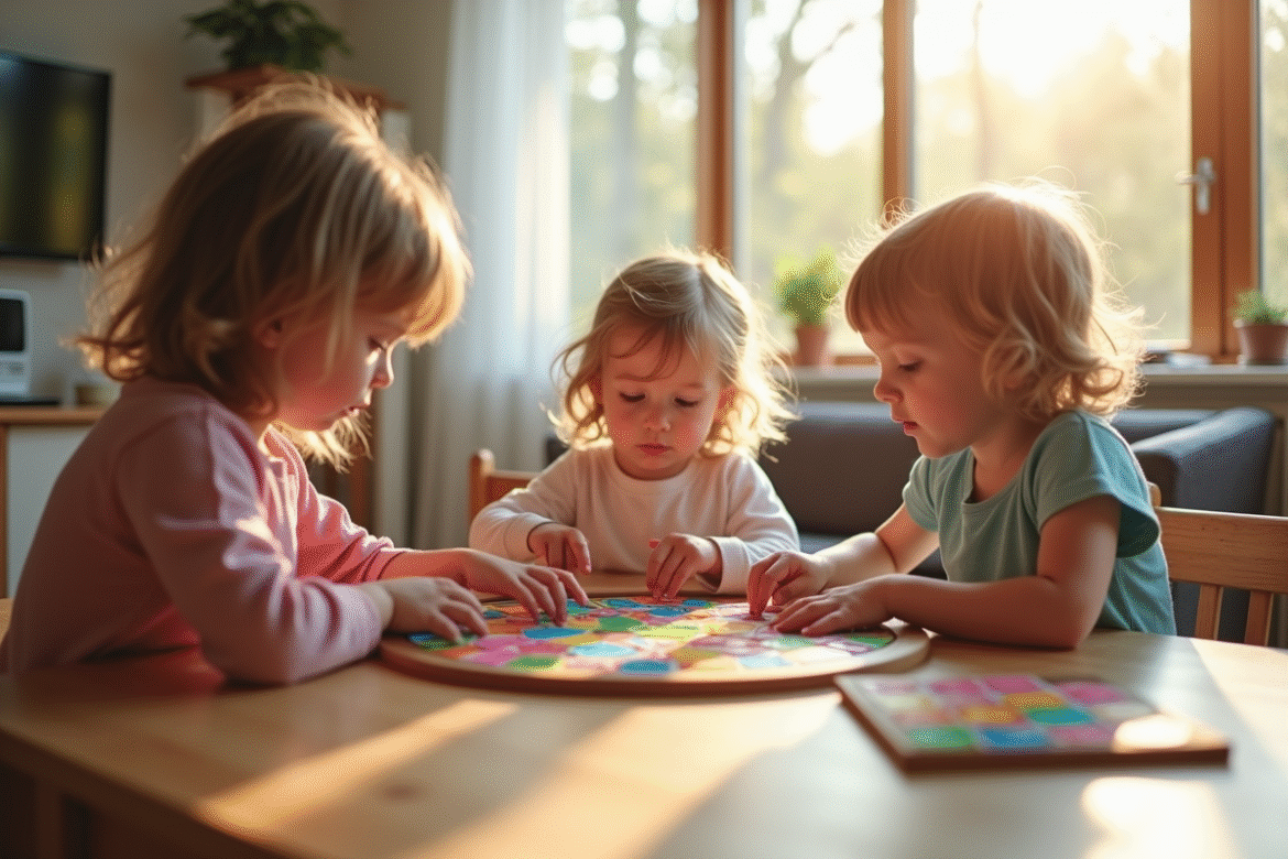 Trois jeunes enfants jouent à un jeu de société lumineux
