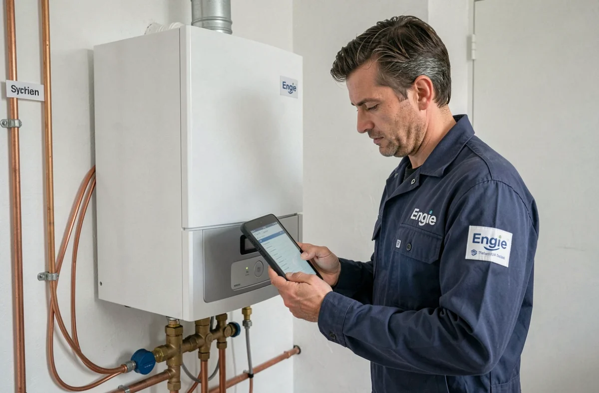 Technicien Engie Home Services inspectant une chaudière à gaz moderne dans une habitation normande