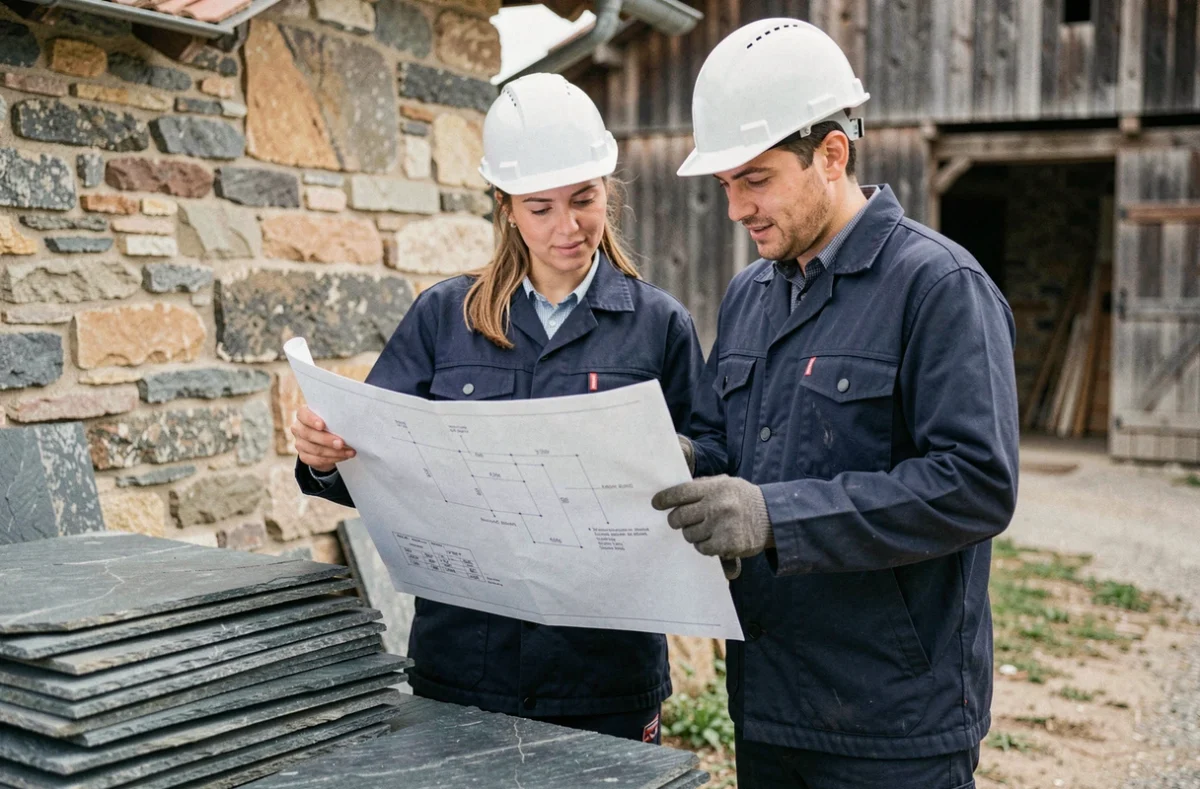 Équipe de couvreurs étudiant des plans de rénovation toiture devant une ferme en pierre en Rhône-Alpes