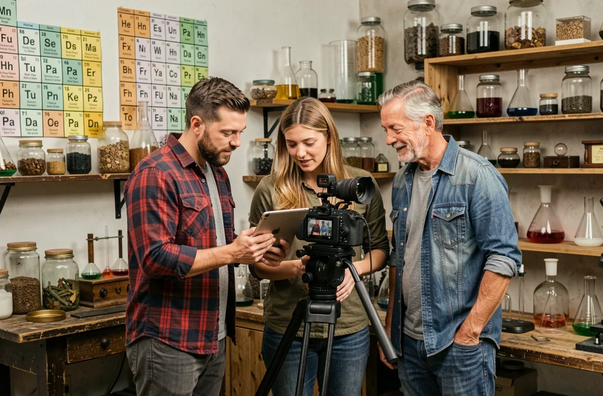 Équipe de production en discussion sur le tournage d'une émission de vulgarisation scientifique dans un décor thématique
