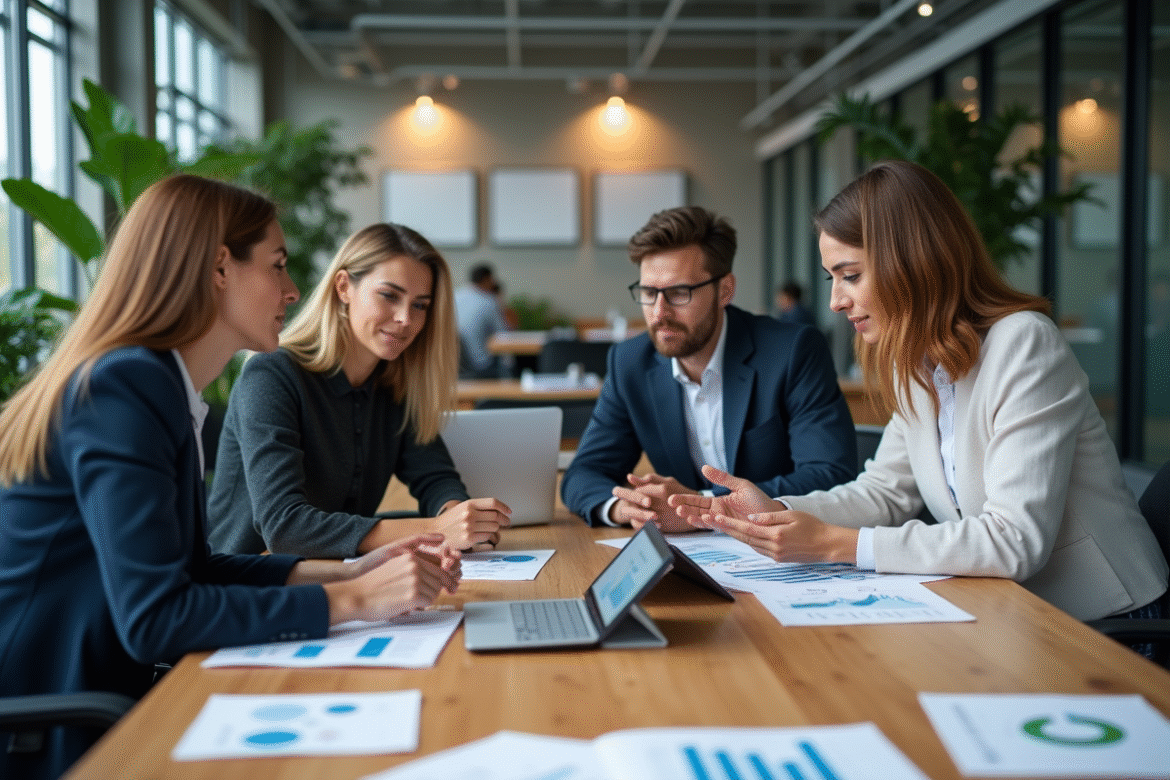 Equipe de professionnels en réunion autour de données