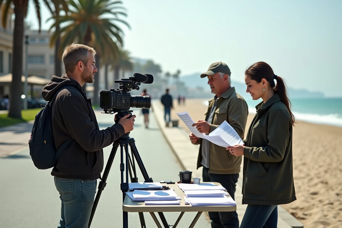 Équipe de tournage professionnel installant leur matériel sur une promenade balnéaire du sud de la France