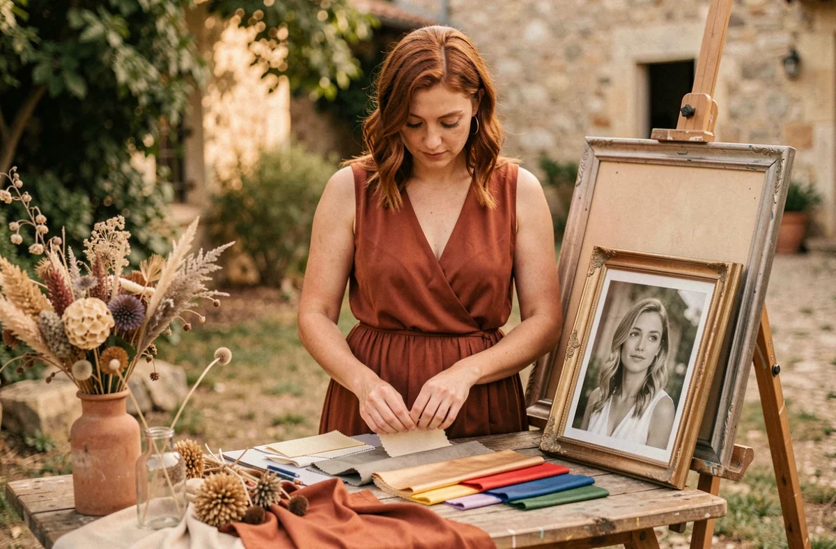 Estelle arrangeant une création visuelle artistique pour un portrait en extérieur à Clermont-l'Hérault