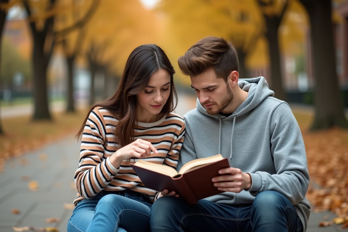 Deux étudiants discutant d'une règle de grammaire française sur un campus universitaire