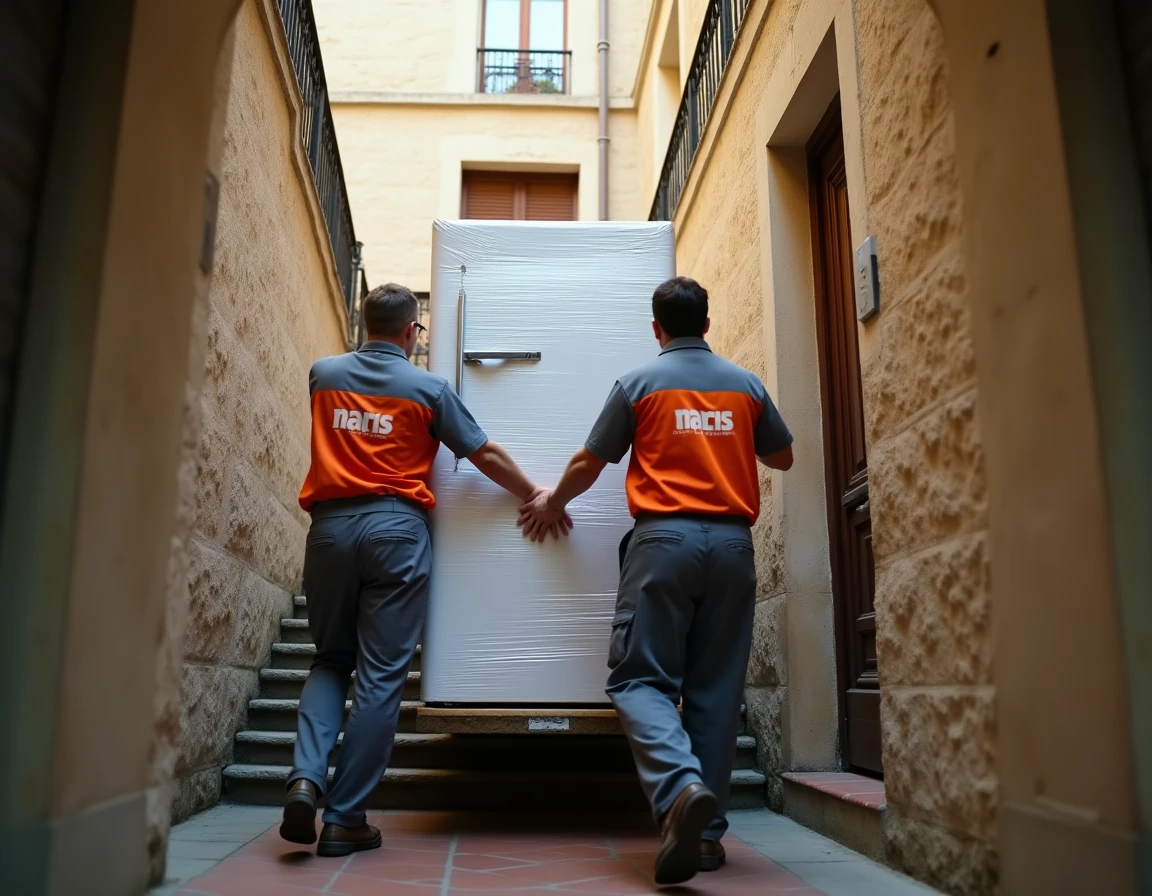 Deux experts-déménageurs en uniforme manœuvrant un réfrigérateur dans l'escalier en pierre d'un immeuble ancien