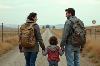 Famille avec sacs à la frontière rurale en voyage