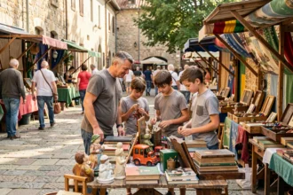Famille avec enfants qui fouille les étals d'un vide grenier en plein air un dimanche matin