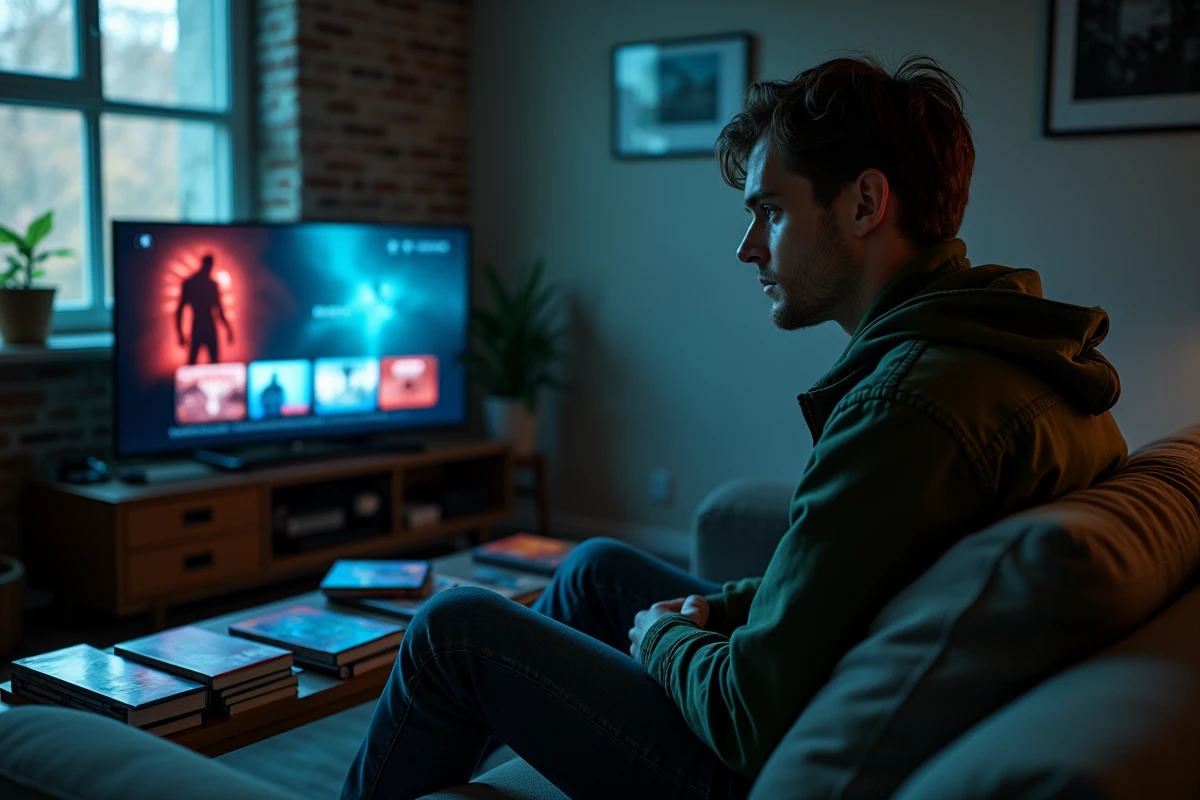 Jeune homme regardant un film d'horreur sur son canapé entouré de jeux vidéo et de Blu-ray Resident Evil